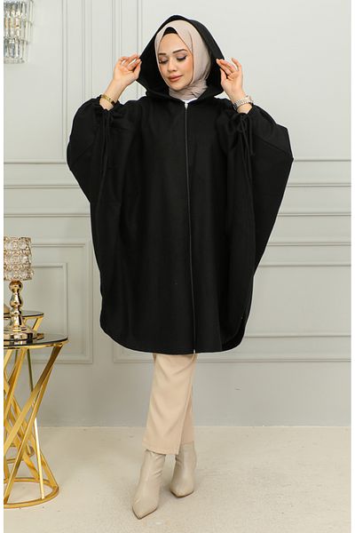 sefamerve Schwarzer Kaschmir-Poncho mit Kapuze – 0505-01