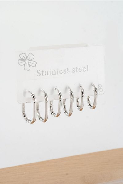 By Zeyna Aksesuar Women's 316 L Steel Anti Allergenic Rectangular Model 3 Length 1.8cm / 2.2cm /2.5Cm Clip-On Set of 6 Earrings