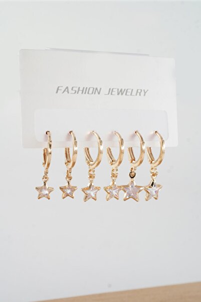 By Zeyna Aksesuar Kadın Zirkon Taşlı Sallantılı Yıldız Figürlü Klipsli 6'lı Küpe Seti