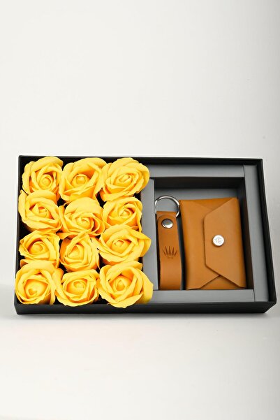 WATCHOFROYAL Genuine Leather Buttero Camel Floral Print Gift Set - Wallet and Keychain