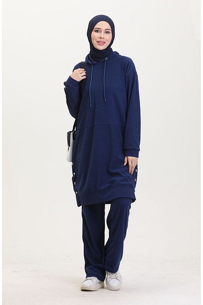 sefamerve Astana Stoff-Tunika-Hose mit Kapuze, zweiteiliges Set 0553-03 Marineblau