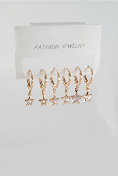 By Zeyna Aksesuar Kadın Zirkon Taşlı Sallantılı Yıldız Figürlü Klipsli 6'lı Küpe Seti