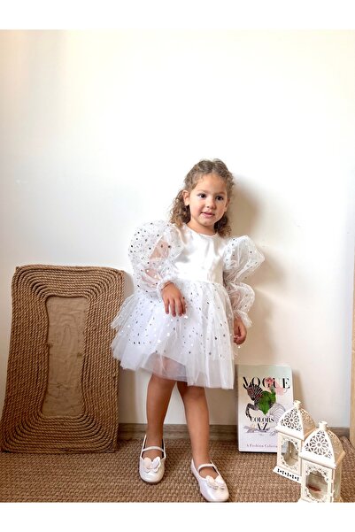 penu baby kids Beyaz Üstü Saten Eteği Yıldız Baskılı Bombeli Uzun Kol Kız Çocuk Kız Bebek Elbise