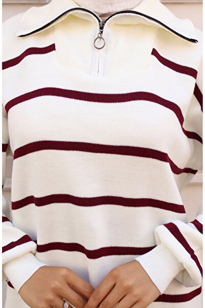 sefamerve Striped Knitwear Set with Zippered Collar 11034-06 Claret Red