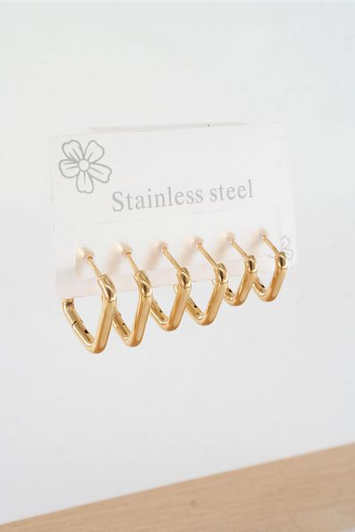 By Zeyna Aksesuar Women's 316 L Steel Anti Allergenic Square Model 3 Size 1.8cm / 2.2cm /2.5Cm Clip-On Set of 6 Earrings