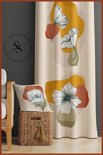 SasoHome 140 X 270 cm perdea de fundal imprimată digital de calitate cu model de flori albe pe fundal crem