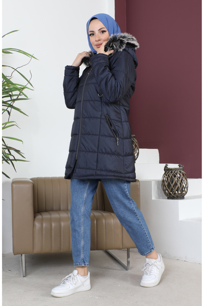 sefamerve Καπιτονέ κοντό παλτό με κουκούλα 5201-01 Navy Blue