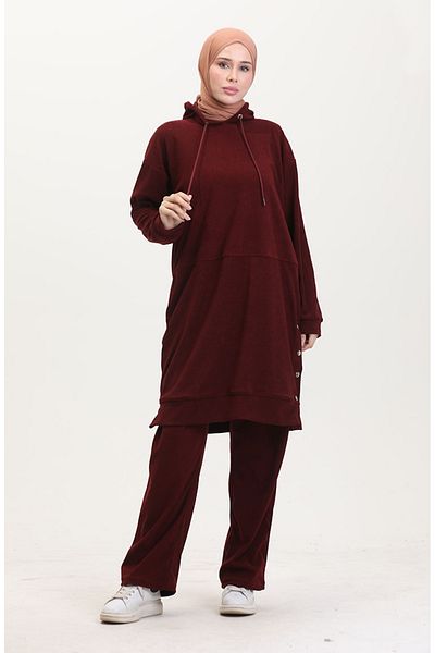 sefamerve Astana Stoff-Tunika-Hose mit Kapuze, zweiteiliges Set 0553-04 Weinrot