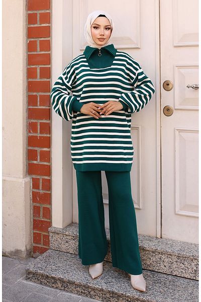 sefamerve Σετ πλεκτό με φερμουάρ Emerald Green ριγέ - 11029-01