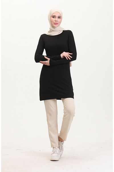 sefamerve Lange schwarze Viskose-Tunika – 10345-04