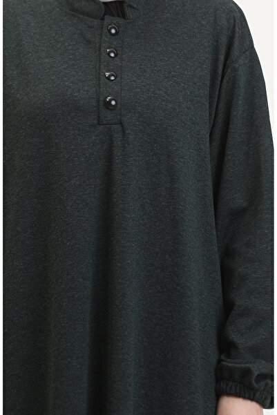 sefamerve Dress with Elastic Sleeves and Buttons 0546-03 Emerald Green