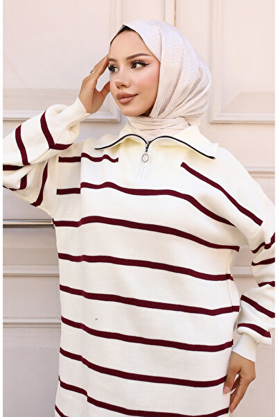 sefamerve Striped Knitwear Set with Zippered Collar 11034-06 Claret Red