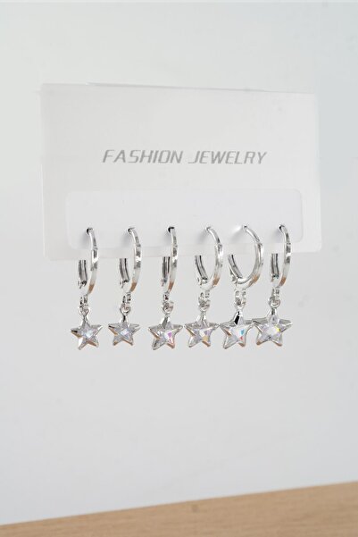 By Zeyna Aksesuar Kadın Zirkon Taşlı Sallantılı Yıldız Figürlü Klipsli 6'lı Küpe Seti
