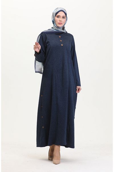 sefamerve Λεπτομερές φόρεμα με κουμπιά Plus Size 0533-05 Navy Blue