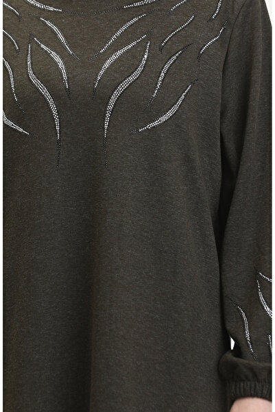 sefamerve Φόρεμα με ελαστικό μανίκι χακί κόσμημα - 0547-07