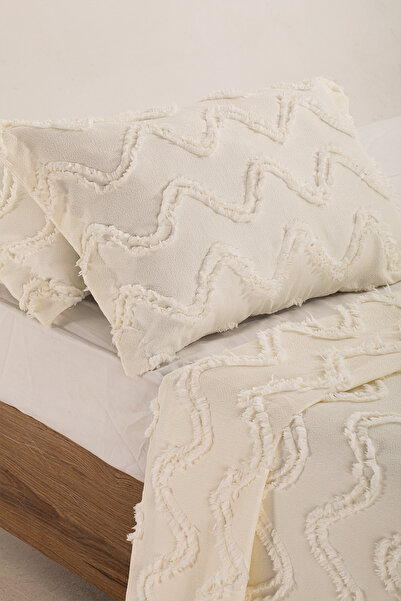 Home Collection Ecru 3 Piece Double Tasseled Pique Set