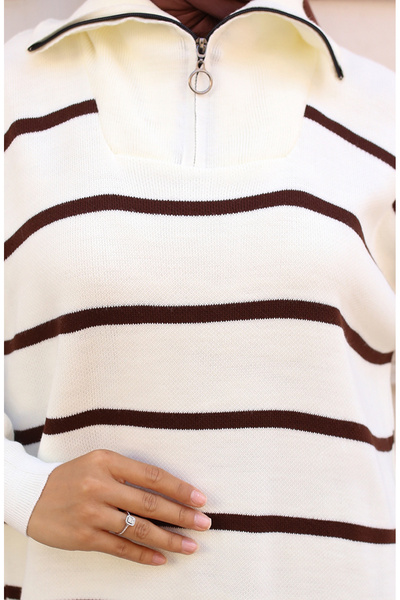 sefamerve Braun gestreiftes Strickset mit Reißverschluss 11034-05