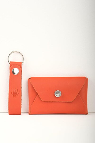 WATCHOFROYAL Σετ πορτοφόλι και μπρελόκ από γνήσιο δέρμα Buttero με πορτοκαλί λουλουδάτο σχέδιο