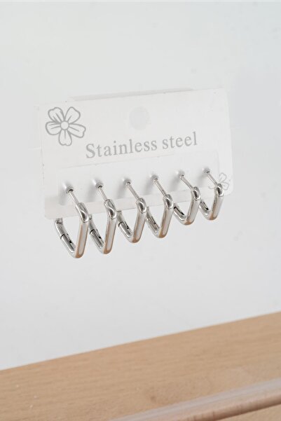 By Zeyna Aksesuar Kadın 316 L Çelik Anti alerjenik Kare Model 3 Boy 1.8cm / 2.2 cm /2.5 cm Klipsli 6'lı Set Küpe