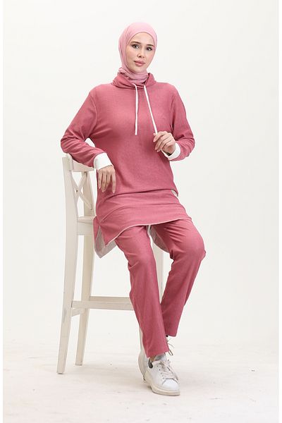 sefamerve Set tunică și pantaloni Dusty Rose - Jumătate cu gât 0548-02