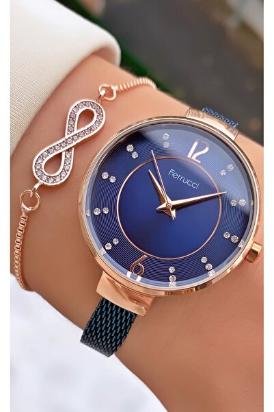 Ferrucci ساعة يد نسائية بحزام شبكي من الفولاذ باللون الأزرق الداكن - سوار