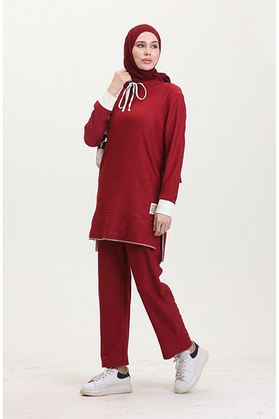 sefamerve Burgunderfarbenes Tunika- und Hosen-Doppelset – halbhoher Bund 0548-03