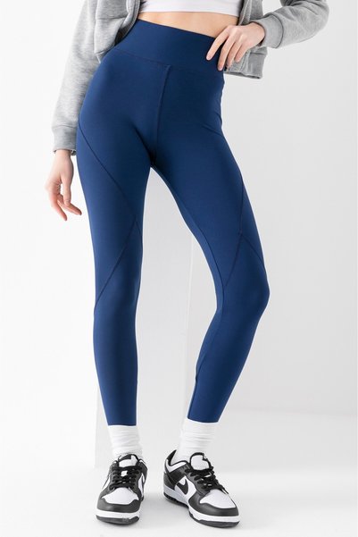 RuyaMood Women's Navy Blue High Waist Recovery Karyoka Stitching Breathable Soft Textured Extra Stretchy Sports Leggings