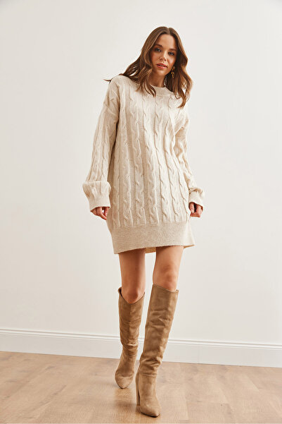 Olalook Women's Ecru Hair Braided Knitwear Tunic Dress Elb- 19002312