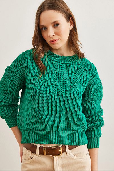 Olalook Grass Green Women's Knitwear Sweater - Crew Neck, Thick Knit Loose Kzk- 19000856