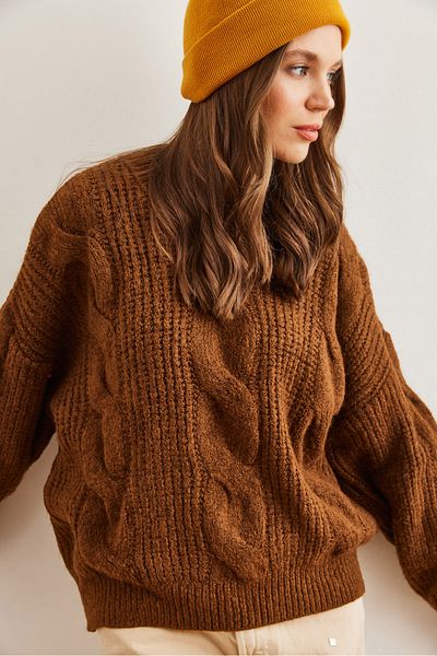 Olalook Women's Bitter Brown Thick Hair Braided Soft Textured Knitwear Sweater Kzk- 19000902