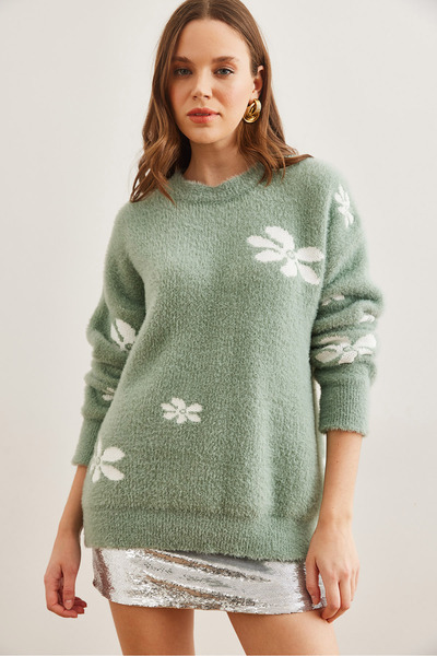 Olalook Women's Mint Green Floral Print Soft Textured Knitwear Sweater Kzk- 19000900
