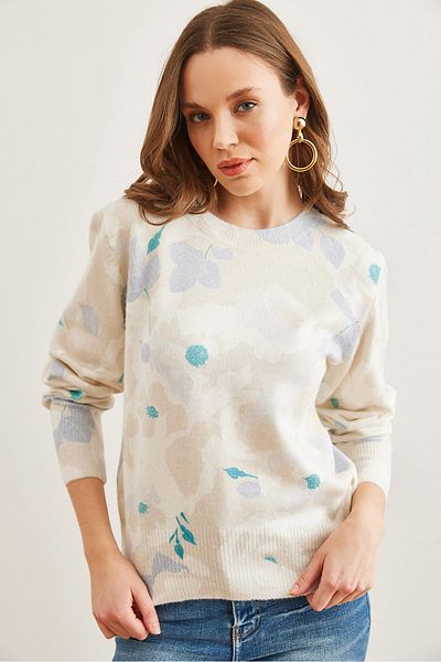 Olalook Leaf Ecru Premium-Strickpullover – Rundhalsausschnitt, gemustert, weiche Textur KZK- 19000611