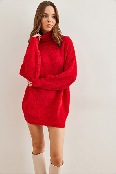 Olalook Kadın Kırmızı Balıkçı Yaka Yumuşak Dokulu Sakal Triko Tunik TNK-19000098