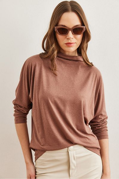 Olalook Women's Camel Stand Collar Bat Wool Viscose Blouse Blz- 19002800