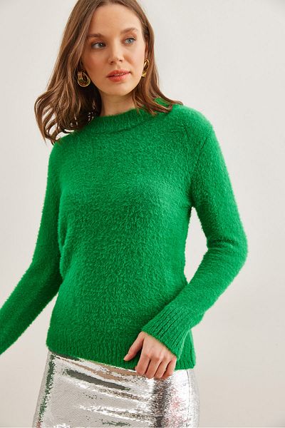 Olalook Women's Grass Green Crew Neck Soft Textured Beard Sweater Kzk- 19000858