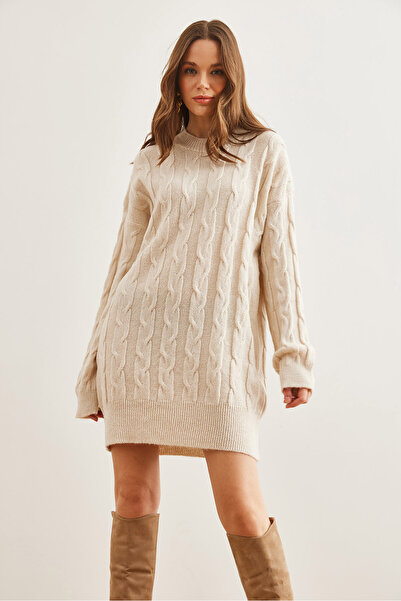 Olalook Women's Ecru Hair Braided Knitwear Tunic Dress Elb- 19002312