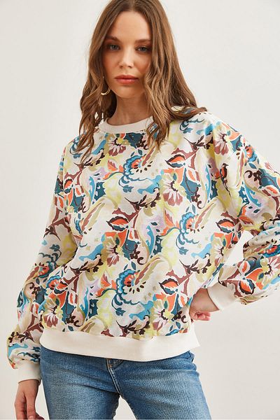 Olalook Damen Aquarell Ecru Basic Soft Textured Loose Sweatshirt SWT- 19000457