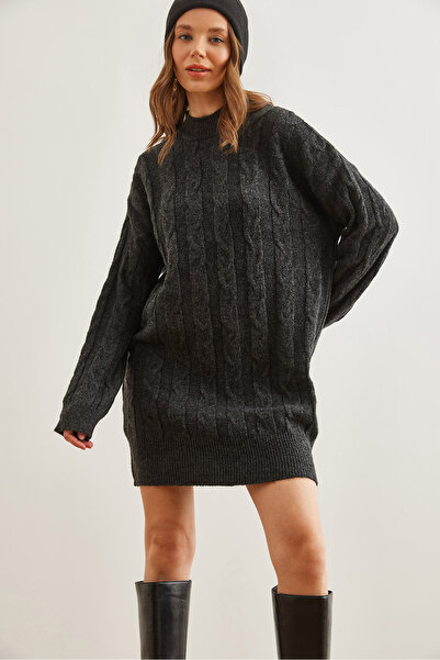 Olalook Women's Anthracite Hair Braided Knitwear Tunic Dress Elb- 19002312