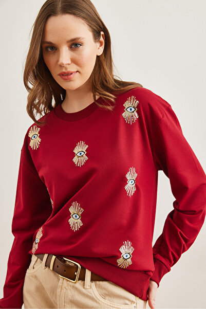 Olalook Burgundy Eye Embroidered Women's Sweatshirt - Seasonal Swt- 19000598