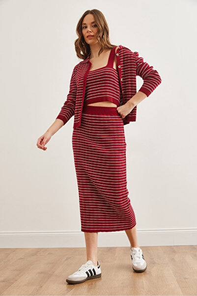 Olalook Women's Burgundy 3 Piece Striped Knitwear Suit Tkm- 19000322