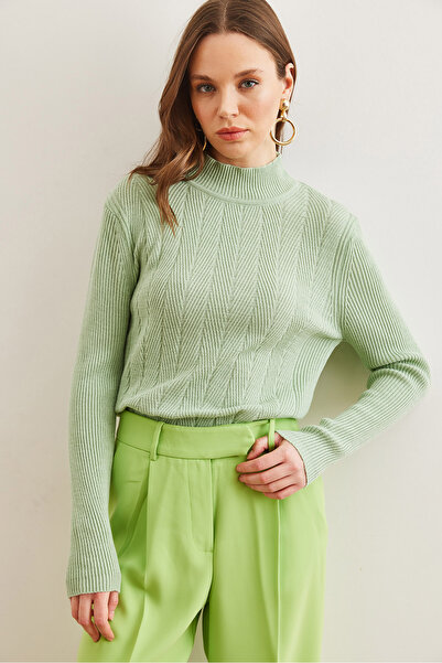 Olalook Water Green Half Fisherman Soft Knitwear Sweater - Zigzag Textured Kzk- 19000447
