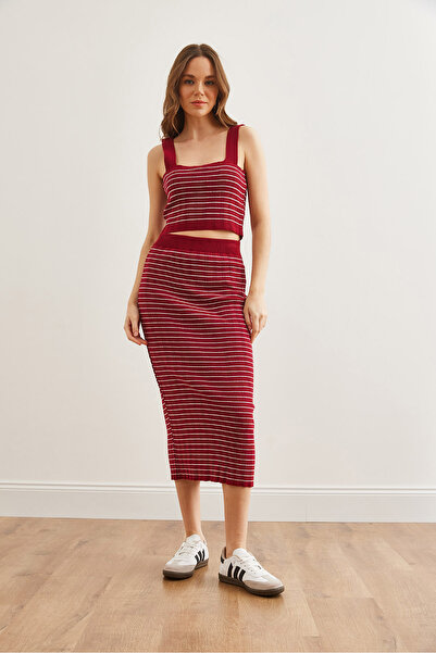 Olalook Women's Burgundy 3 Piece Striped Knitwear Suit Tkm- 19000322