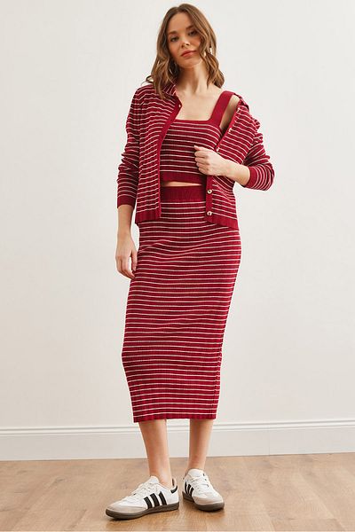 Olalook Women's Burgundy 3 Piece Striped Knitwear Suit Tkm- 19000322