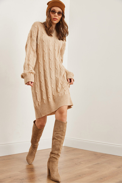 Olalook Women's Stone Hair Braided Knitwear Tunic Dress Elb- 19002312