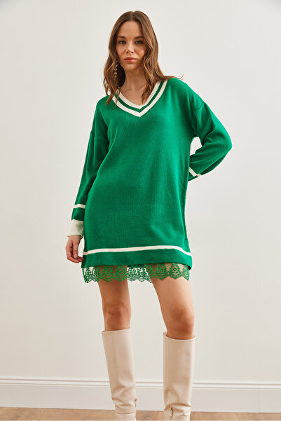 Olalook Women's Grass Green V Neck Lace Detailed Knitwear Dress Elb- 19002283