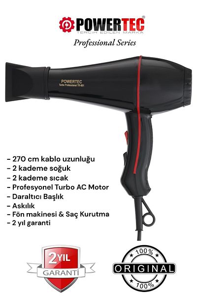 POWERTEC مجفف الشعر Turbo Professional TR-601 بقوة 2500 واط، الإصدار الجديد مع كابل طويل بطول 2.7 متر