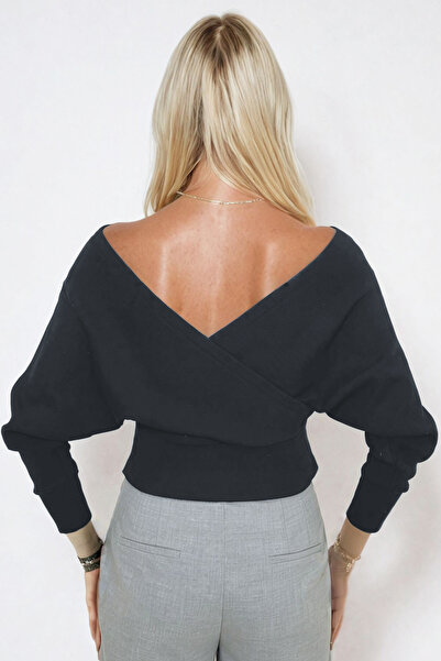 Trend Alaçatı Stili Women's Anthracite Front Back V-Neck Double Breasted Blouse ALC-019-053-BLZ