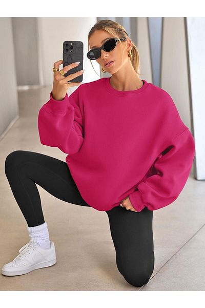COMBİNE MİCHAİL Fuchsia Women's Oversize Sweatshirt - Crew Neck