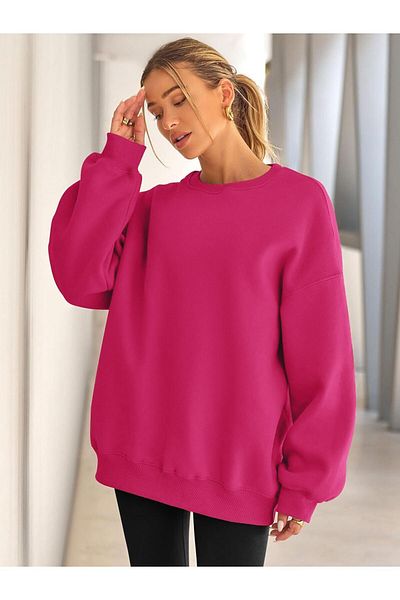 COMBİNE MİCHAİL Fuchsia Women's Oversize Sweatshirt - Crew Neck