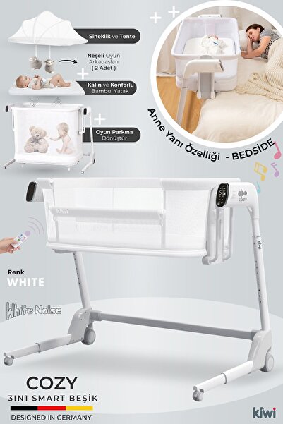 Kiwi Cozy Premium 3in1 Ağlamaya Duyarlı Anne Yanı Beşik, Park Yatak White Noise ile Kesintisiz Uyku